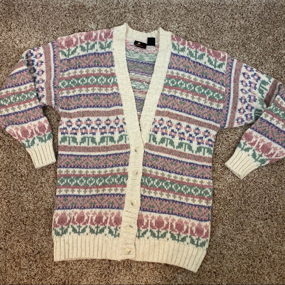 VTG Liz Sport Cream Pink & Light Green Chunky Button Up Cardigan Sweater - Picture 15 of 15